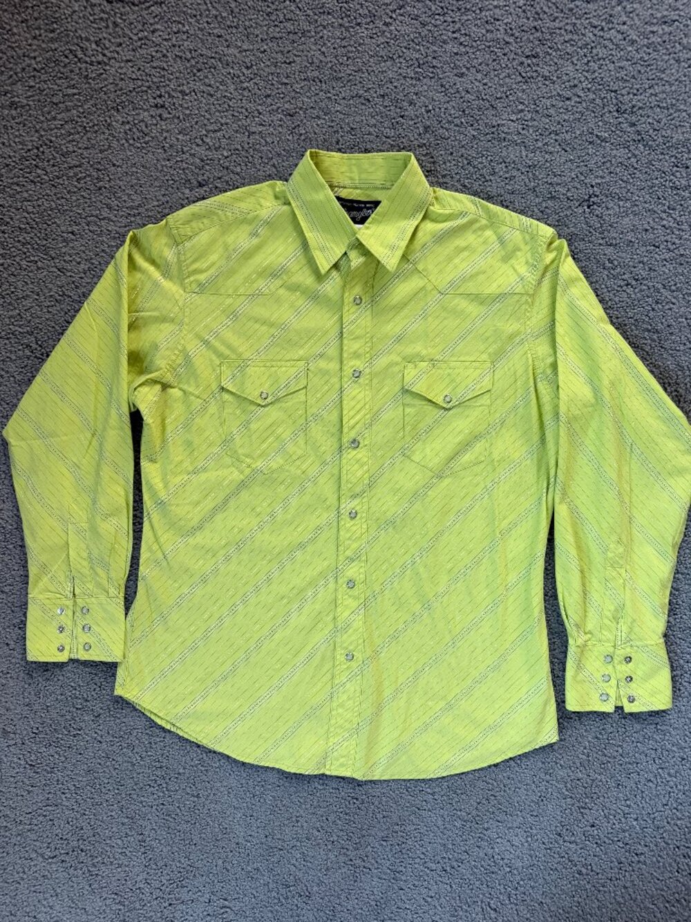 Wrangler Authentic Lime Yellow Pearl Snap Lurex Stripe Western Shirt L - EUC